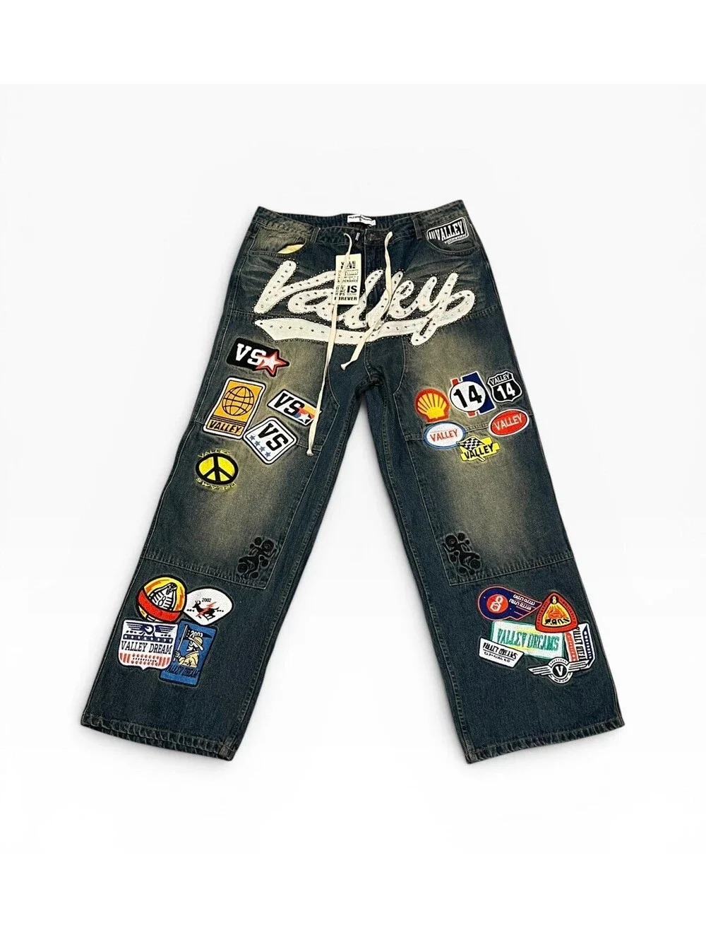 Relaxed Dark Blue Patchwork Jeans with Drawstring Waist